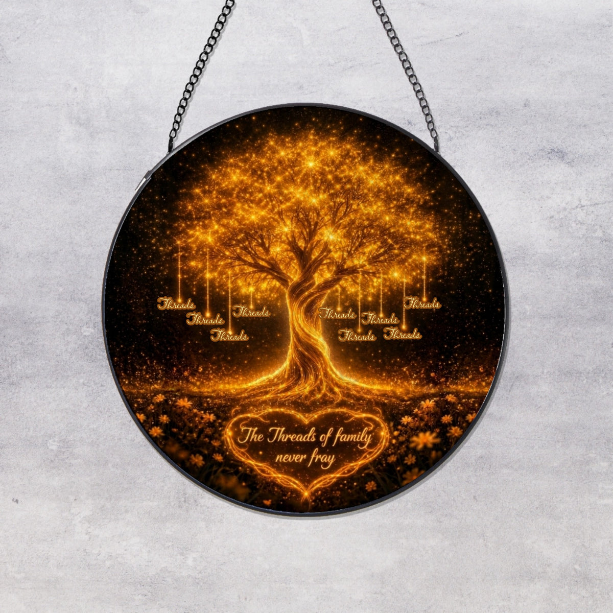 The Threads of Family Never Fray — Personalized Family Tree Suncatcher | Custom Name Stained Glass Window Hanging